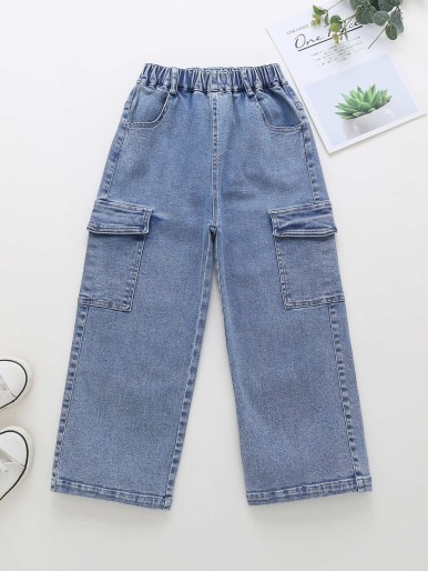 Girls Flap Detail Washed Cargo Jeans