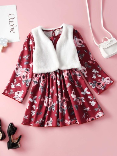 Girls Floral Print Dress & Teddy Vest