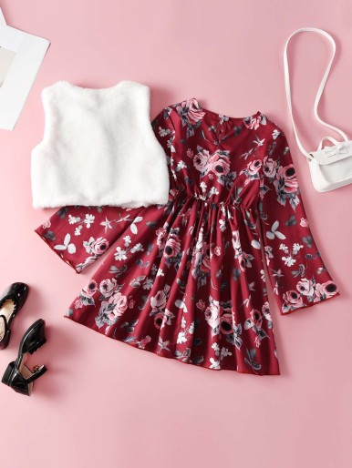 Girls Floral Print Dress & Teddy Vest