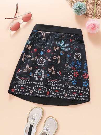 Girls Floral Print High Low Skirt