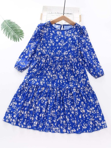 Girls Floral Puff Sleeve Ruffle Hem Dress