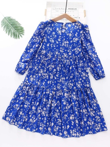 Girls Floral Puff Sleeve Ruffle Hem Dress