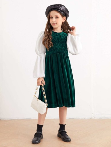 SHEIN Girls Gathered Sleeve Velvet 2 In 1 Dress