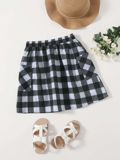 Girls Gingham Pocket Patched Skirt