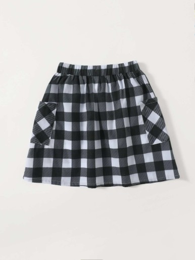 Girls Gingham Pocket Patched Skirt