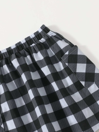 Girls Gingham Pocket Patched Skirt