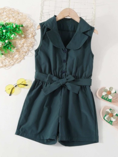 Girls Half Button Belted Romper