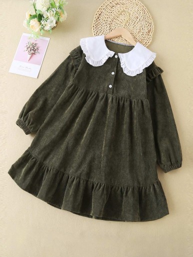 Girls Peter Pan Collar Frill Trim Ruffle Hem Smock Corduroy Dress