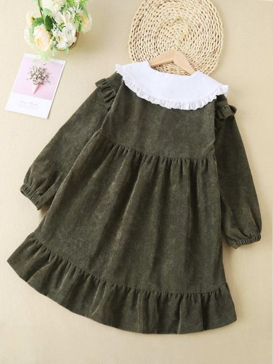 Girls Peter Pan Collar Frill Trim Ruffle Hem Smock Corduroy Dress