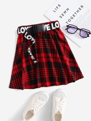 Girls Plaid Buckled Belted Skirt