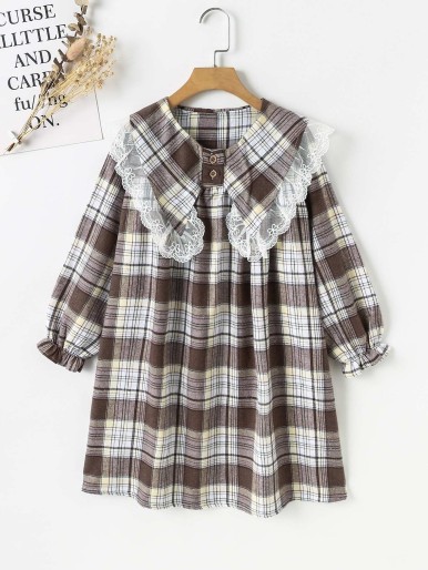 Girls Plaid Print Statement Collar Flounce Sleeve Dress