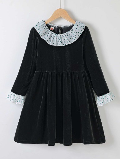 Girls Polka Dot Ruffle Trim Velvet Dress