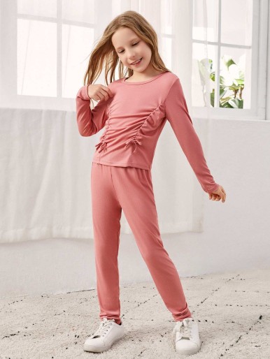 Girls Ribbed Knit Ruched Knot Front Lounge Set