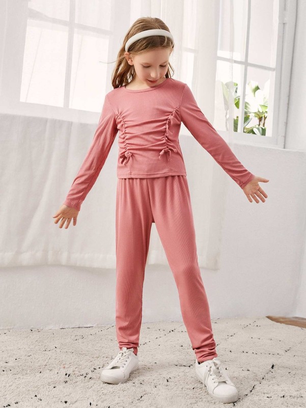 Girls Ribbed Knit Ruched Knot Front Lounge Set