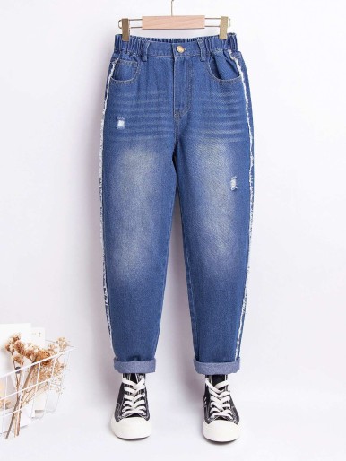 Girls Ripped Frayed Trim Bleach Wash Jeans