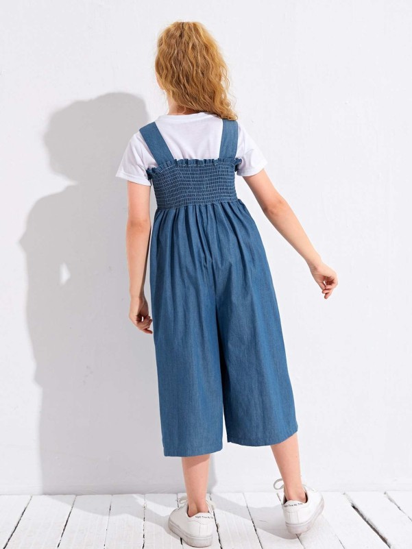 Girls Shirred Frill Trim Denim Overall