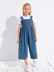 Girls Shirred Frill Trim Denim Overall