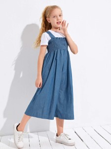 Girls Shirred Frill Trim Denim Overall