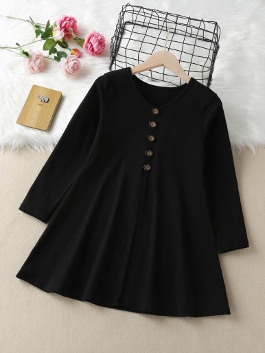 Girls Single Breasted V Neck Dress