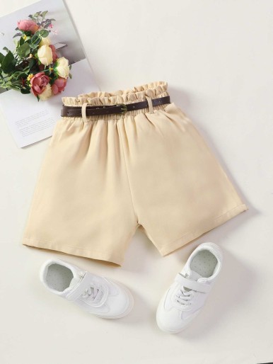 Girls Solid Elastic Waist Belted Shorts