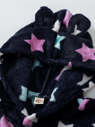 Girls Star Print 3D Ears Design Hooded Flannel Jumpsuit