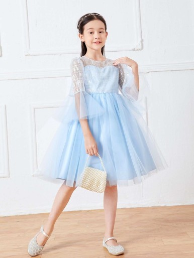 Girls Trumpet Sleeve Mesh Dress