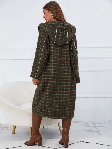 SHEIN Plaid Dual Pocket Drop Shoulder Contrast Piping Tweed Overcoat