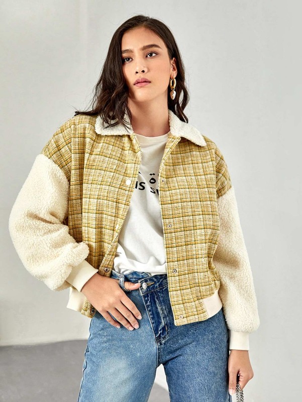 SHEIN Plaid Teddy Panel Drop Shoulder Tweed Jacket