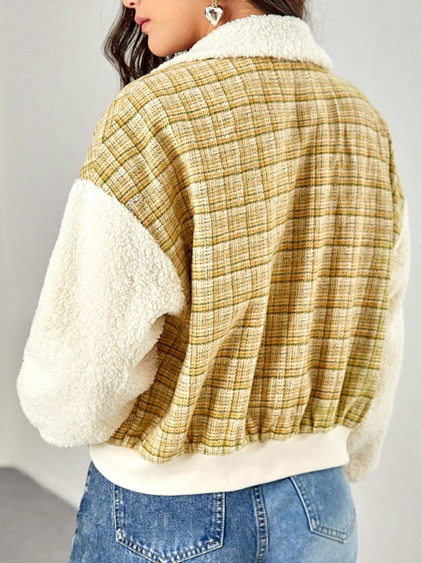 SHEIN Plaid Teddy Panel Drop Shoulder Tweed Jacket