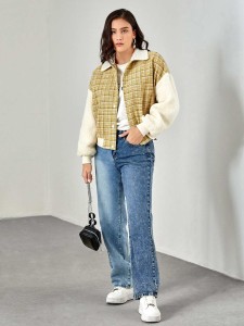 SHEIN Plaid Teddy Panel Drop Shoulder Tweed Jacket