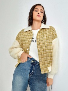 SHEIN Plaid Teddy Panel Drop Shoulder Tweed Jacket