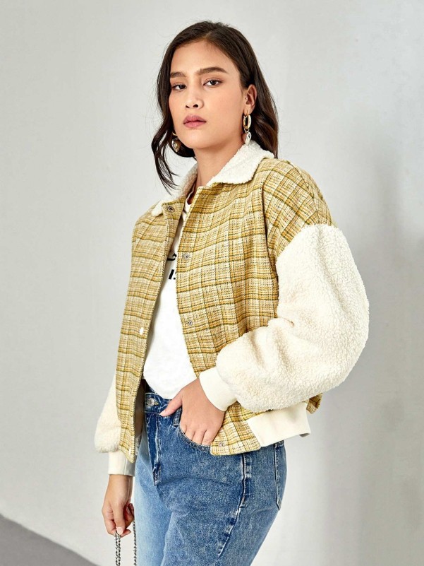 SHEIN Plaid Teddy Panel Drop Shoulder Tweed Jacket