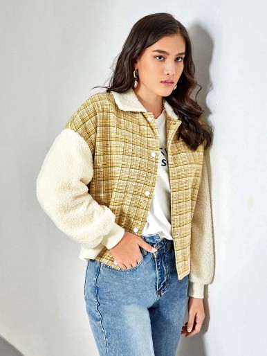 SHEIN Plaid Teddy Panel Drop Shoulder Tweed Jacket