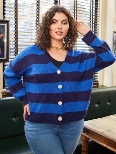 Plus Block Stripe Pattern Drop Shoulder Cardigan Without Tee