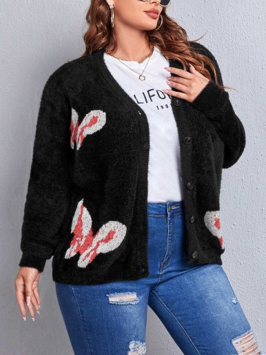 SHEIN Plus Buttoned Front Heart and Butterfly Pattern Fuzzy Cardigan