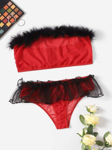 Plus Christmas Fuzzy Trim Mesh Lingerie Set