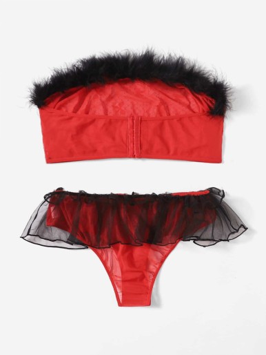 Plus Christmas Fuzzy Trim Mesh Lingerie Set