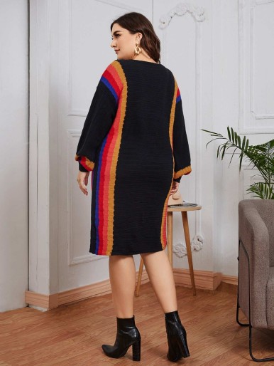 Plus Colorful Striped Pattern Drop Shoulder Sweater Dress