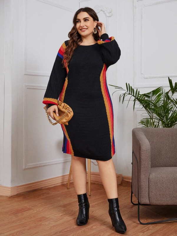 Plus Colorful Striped Pattern Drop Shoulder Sweater Dress