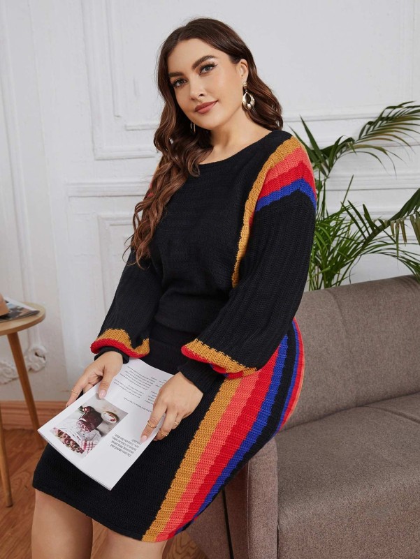 Plus Colorful Striped Pattern Drop Shoulder Sweater Dress