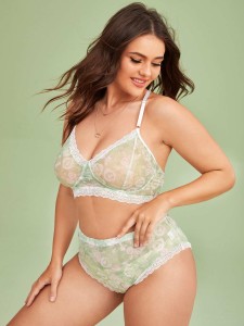 Plus Floral Print Mesh Contrast Lace Lingerie Set