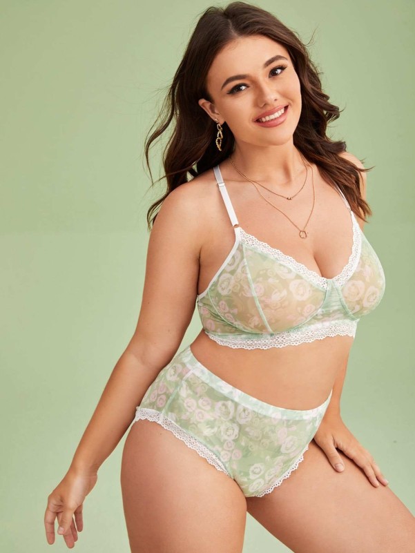 Plus Floral Print Contrast Lace Lingerie Set