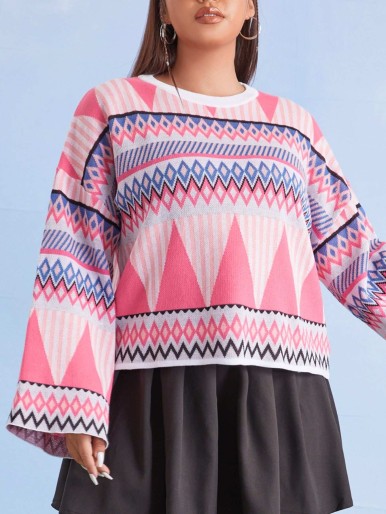 SHEIN Plus Geo Pattern Drop Shoulder Sweater