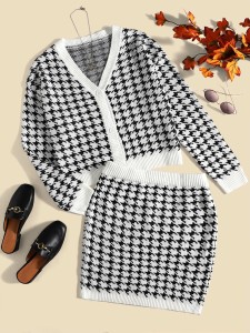 SHEIN طقم كارديجان وتنورة محبوكة بنمط مخطط Houndstooth