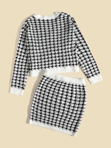 SHEIN طقم كارديجان وتنورة محبوكة بنمط مخطط Houndstooth