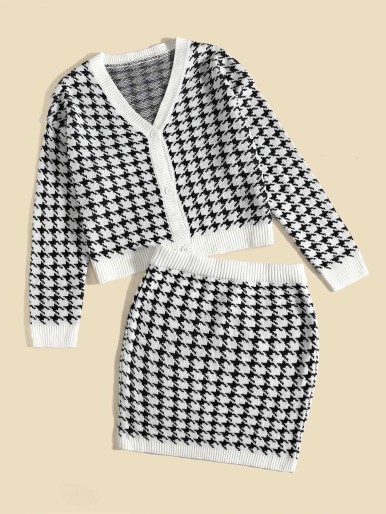 SHEIN طقم كارديجان وتنورة محبوكة بنمط مخطط Houndstooth