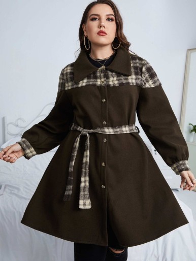 Plus Plaid Single Breasted Belted Coat