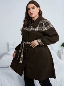 Plus Plaid Single Breasted Belted Coat