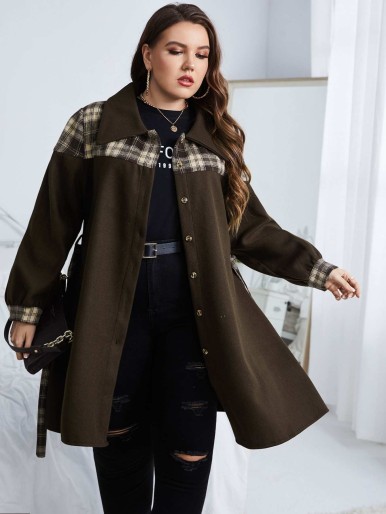 Plus Plaid Single Breasted Belted Coat