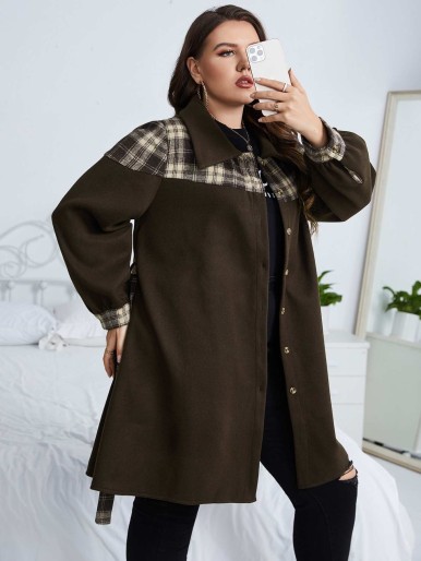 Plus Plaid Single Breasted Belted Coat